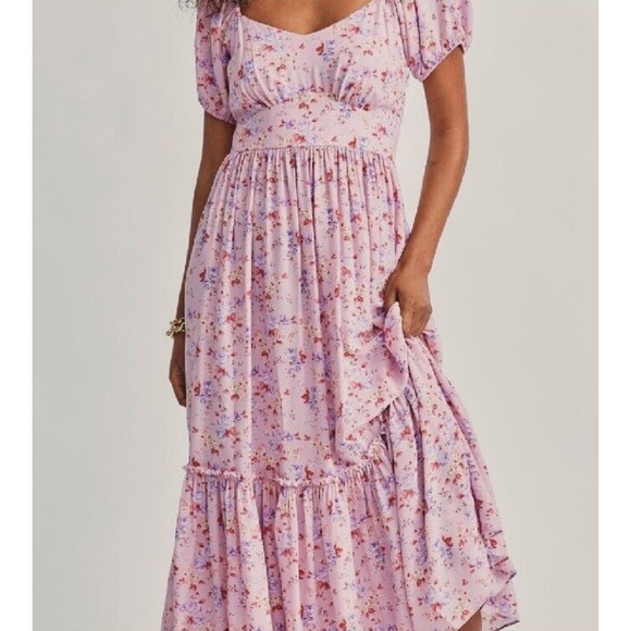 LoveShackFancy 6 Angie $595 SILK Milkmaid Midi Dress Puff Shoulder Floral Pink - Picture 14 of 15
